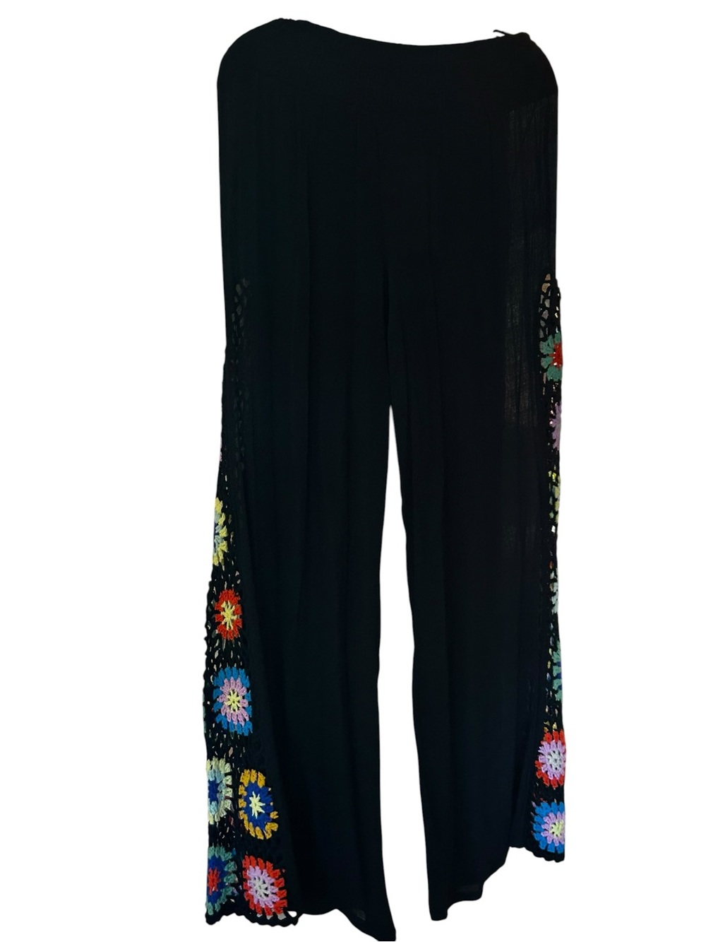 Elan Black Wide-Leg Pants with Vibrant Multicolor Crochet Panels NWT - Picture 7 of 11